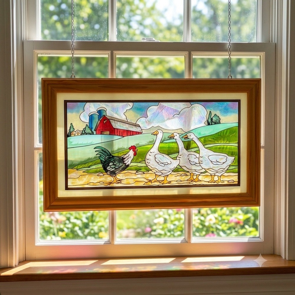 Vintage Stained Glass Farm Scene Suncatcher Rooster Geese Red Barn Wood Frame
